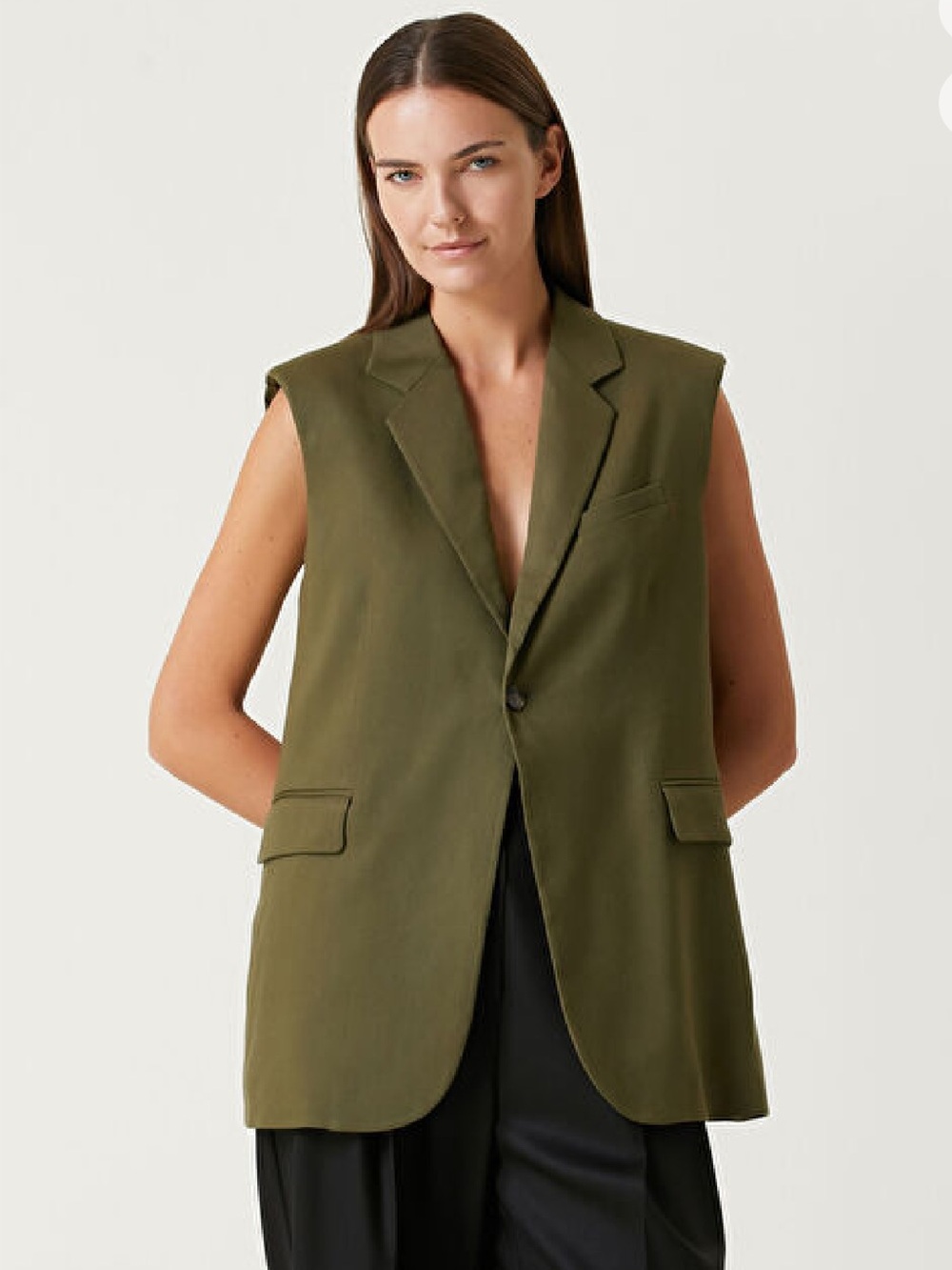 FRAME Oversized Linen Vest Women’s M Army Green Preppy Professional Minimalist